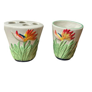 Vintage Ceramic Bathroom Set Toothbrush Holder and Cup with Bird in Paradise